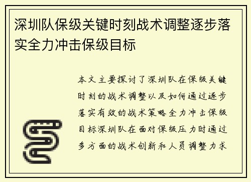 深圳队保级关键时刻战术调整逐步落实全力冲击保级目标