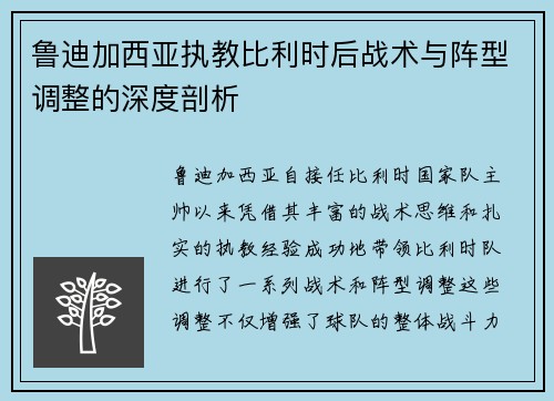 鲁迪加西亚执教比利时后战术与阵型调整的深度剖析
